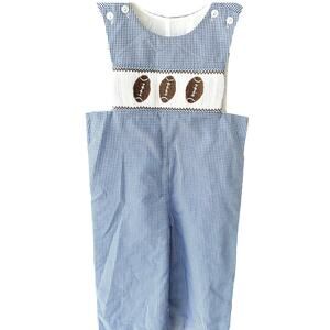 Boy's Sz 9 Mo. Smocked Football Gingham Romper Jumpsuit Overalls Sports Cotton